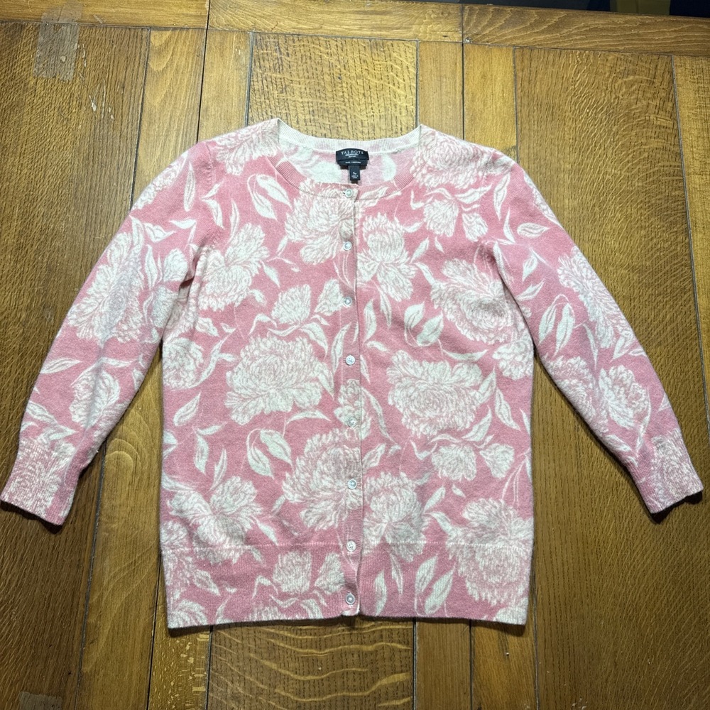 Talbots Woman 100% Cashmere Cardigan Small Pink Ivory Peony Floral Soft Luxury